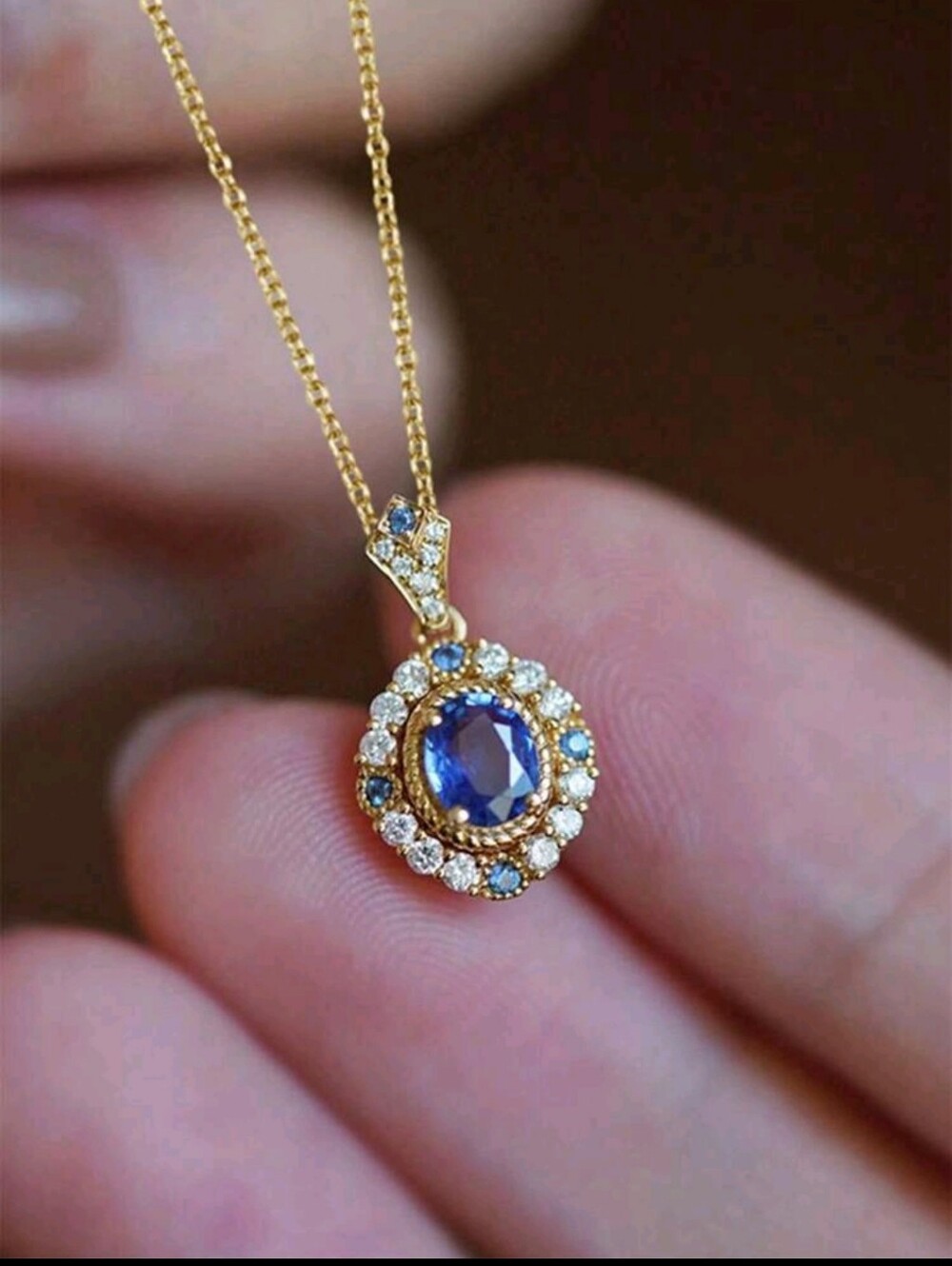 BRAND NEW ** Gold Blue Sapphire Halo Pendant Necklace